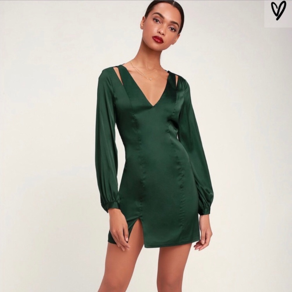 Green satin long sleeve dress